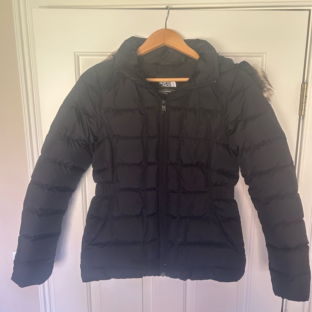 Women’s North Face insulated puffer jacket with hood (removable fur).